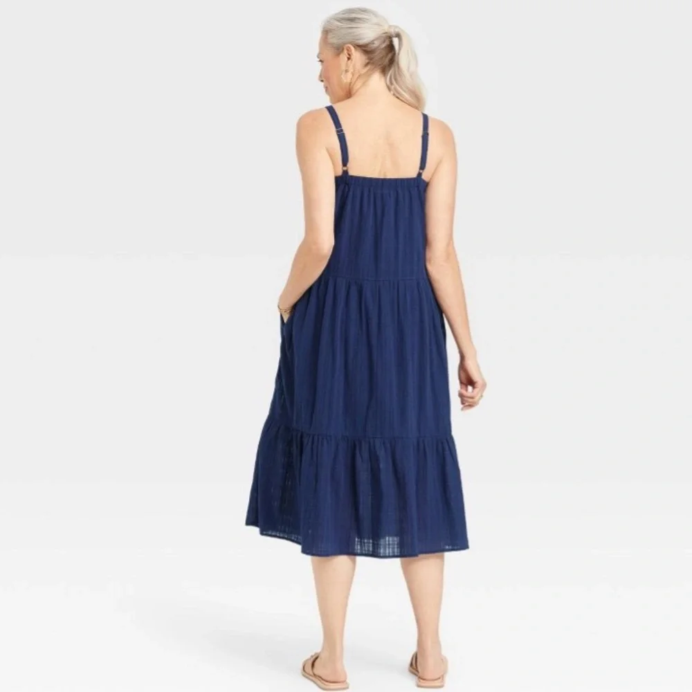 Knox Rose Dress Large Sleeveless A Line Pockets Adj. Straps Cotton Navy Blue NWT - Picture 2 of 4
